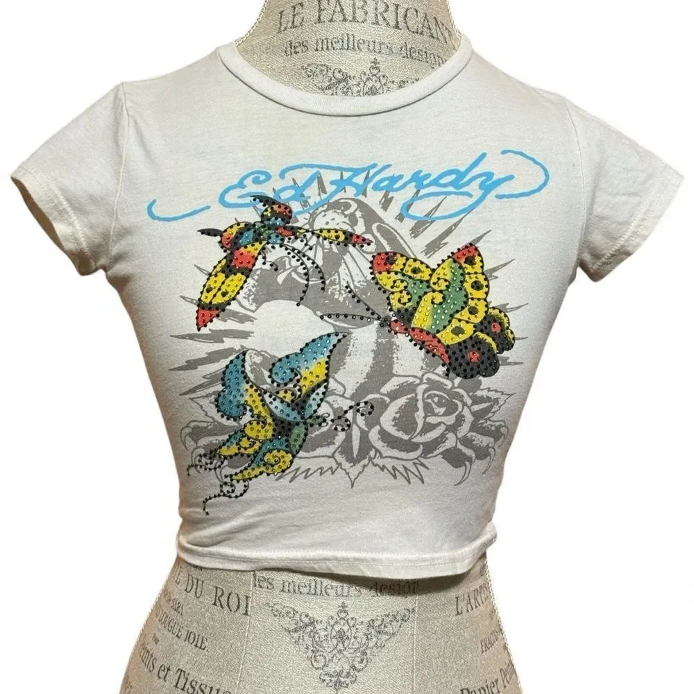 Ed Hardy True Eagle Rhinestone Natural Crop T-Shirt Cream Size Small